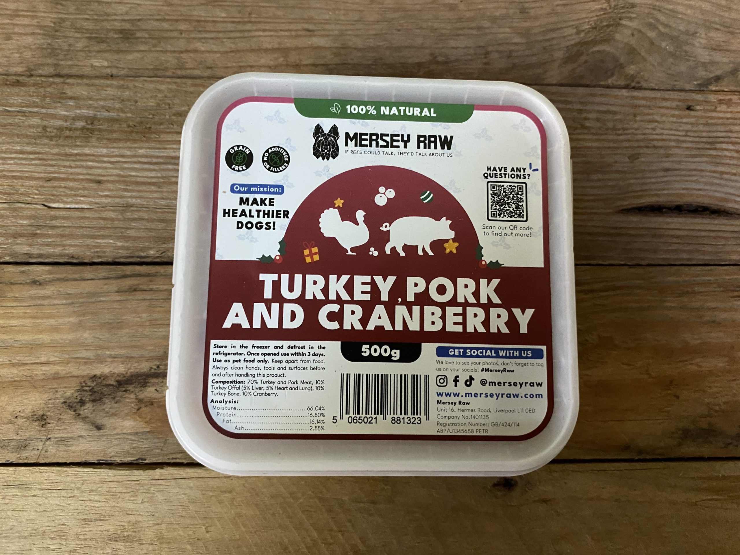 Mersey Raw Turkey, Pork & Cranberry – 500g